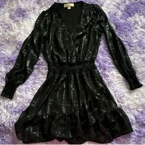Michael Kors Black Metallic Check Long Sleeve Wrap Dress